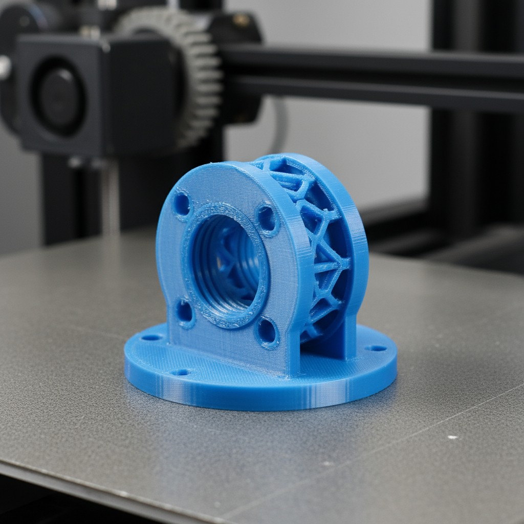 This image features a blue 3D printed part on a speckled grey table on a grey background.