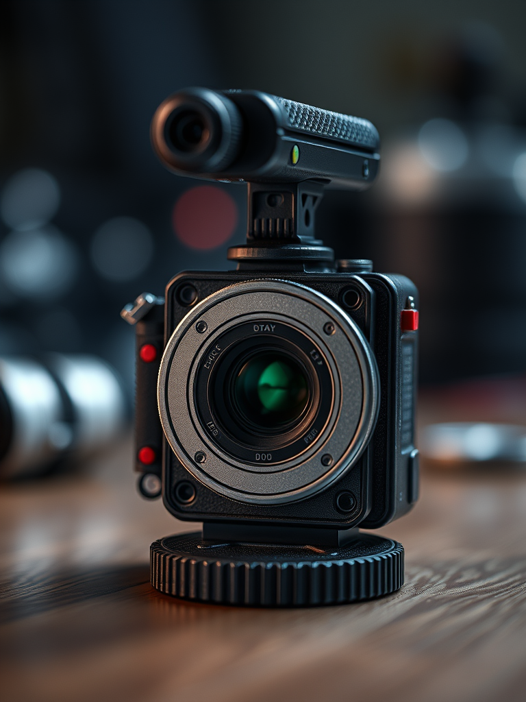 A close-up of a small video camera with gray details, sitting on a black, adjustable stand also called a dynamic switcher ...