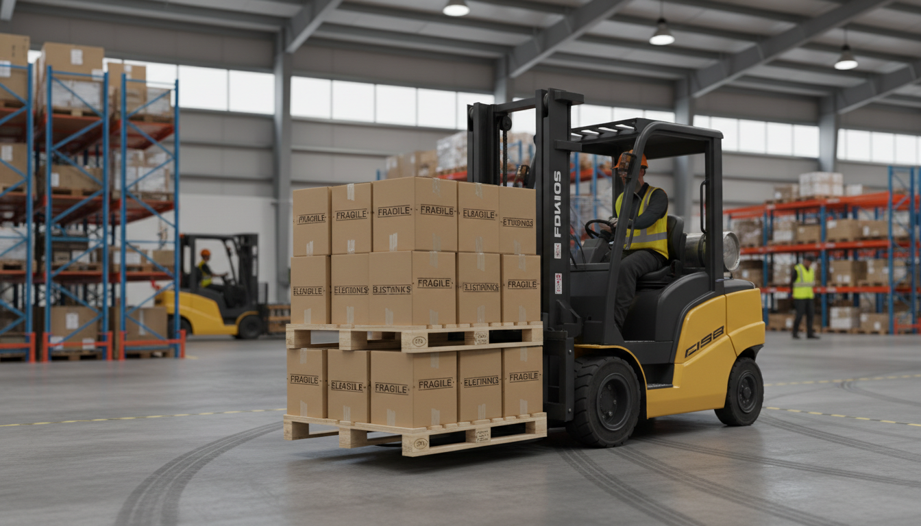 fork truck moving a pallet of boxes